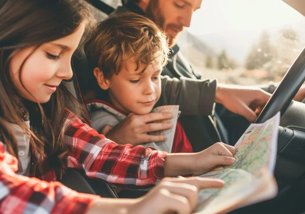 Happy family playing games during a road trip in the car