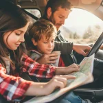 Happy family playing games during a road trip in the car