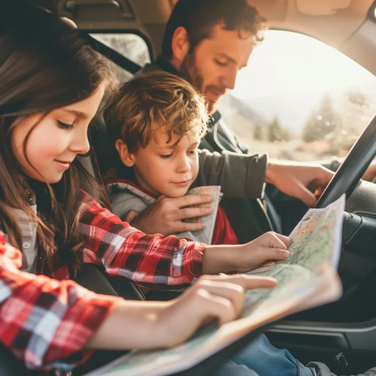 Happy family playing games during a road trip in the car